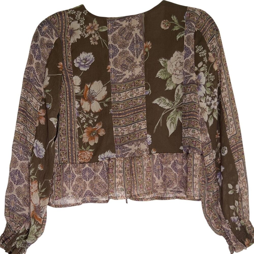 American Eagle Outfitters Peplum Blouse Women's Size Small Brown Floral Cropped - Picture 4 of 9